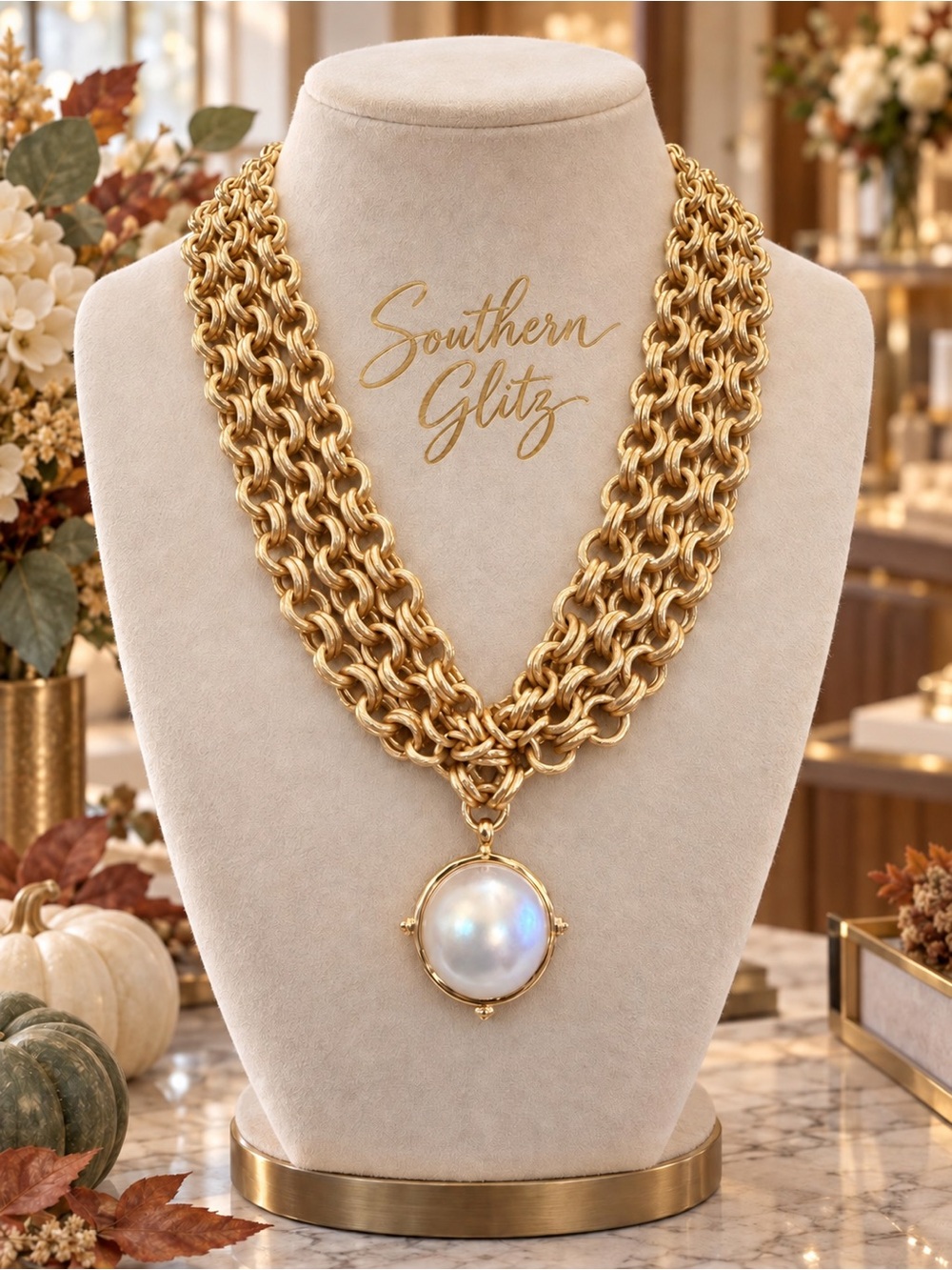 Gold Multi-Chain Necklace with Pearl Pendant